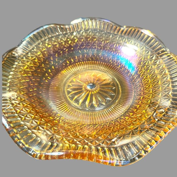 VINTAGE MARIGOLD CARNIVAL GLASS 8.25" BOWL ON METAL STAND - Picture 5 of 12